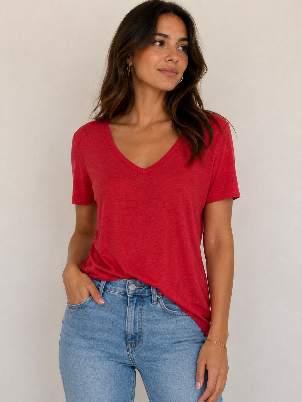 Self Contrast Red V-Neck T-Shirt XS 100% Cotton Made in USA NWT